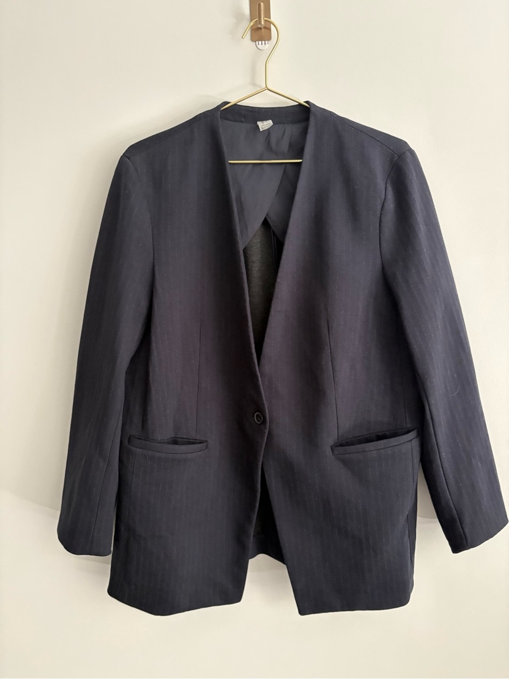 SPANX Perfect Collarless Blazer in Navy Pinstripe One Button Ponte Career Size L